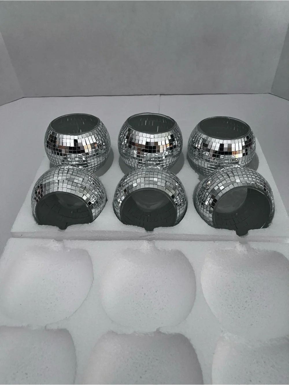 New Set of 6 Silver Mini Mosaic Disco Ball Candle Holders